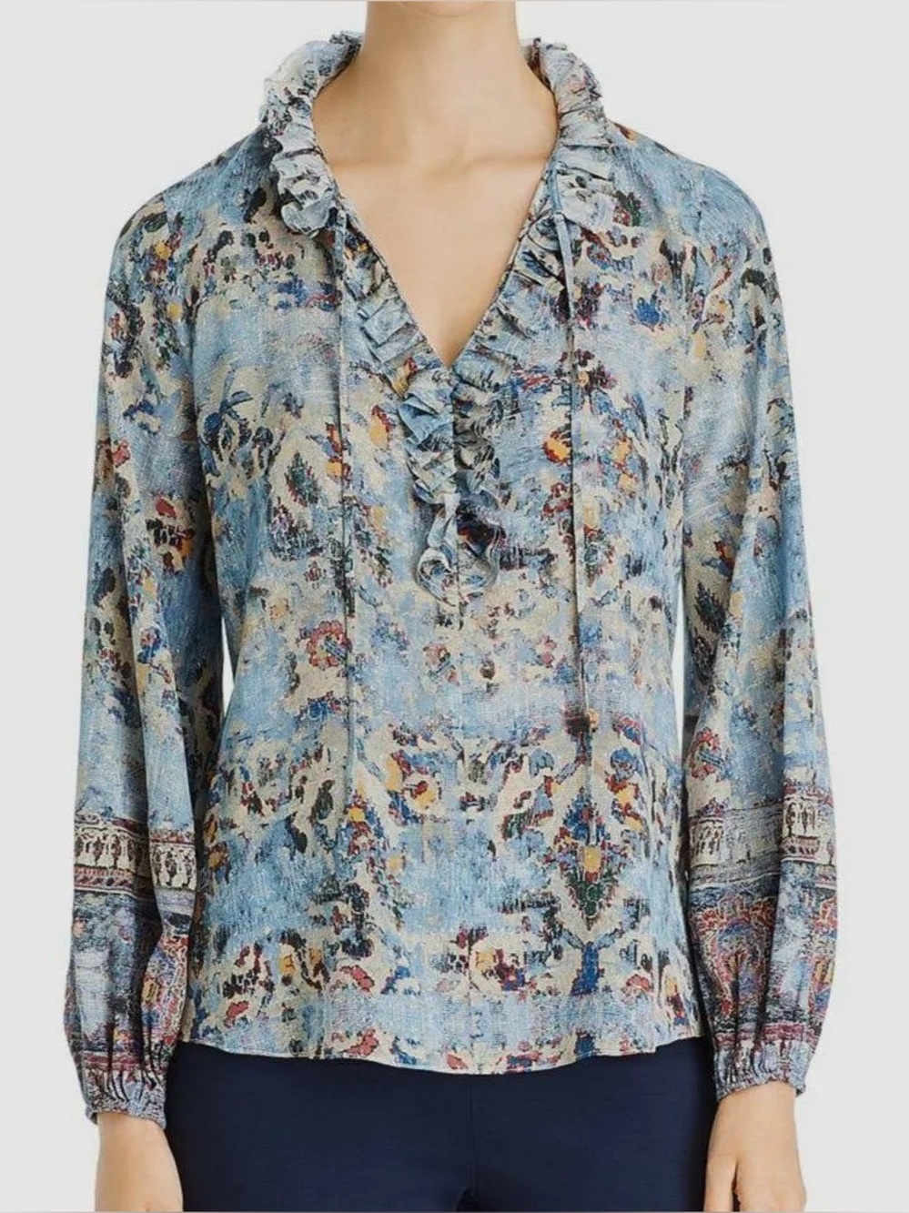 Kobi Halperin Molly Silk Long Sleeve Blouse V Neck Tie Ruffle Trim Sz Large Boho